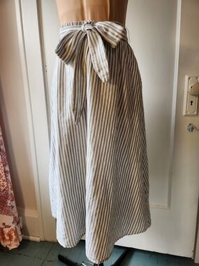 Talbots Linen/Cotton Green and White Striped Tie-Waist Midi Skirt